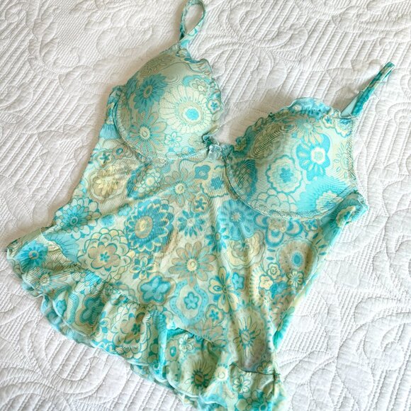 Y2K Mesh Bustier Cami Top Retro Turquoise Flowers & Ruffles Bed of Roses 36B - Picture 1 of 9